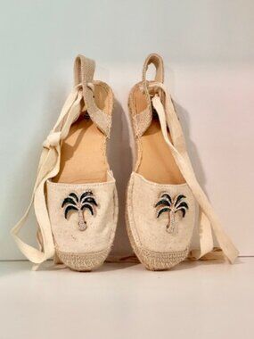 Palm Tree Embellished Espadrille Flats | Lace-Up Canvas Sandals | Size 7.5